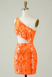 Orange One Shoulder Glitter Homecoming Kjole med hul udgang