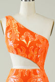 Orange One Shoulder Glitter Homecoming Kjole med hul udgang