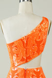 Orange One Shoulder Glitter Homecoming Kjole med hul udgang