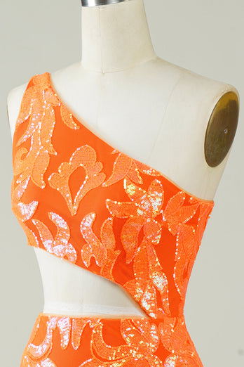 Orange One Shoulder Glitter Homecoming Kjole med hul udgang
