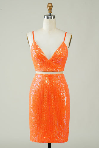 Todelt orange pailletter stram homecoming kjole