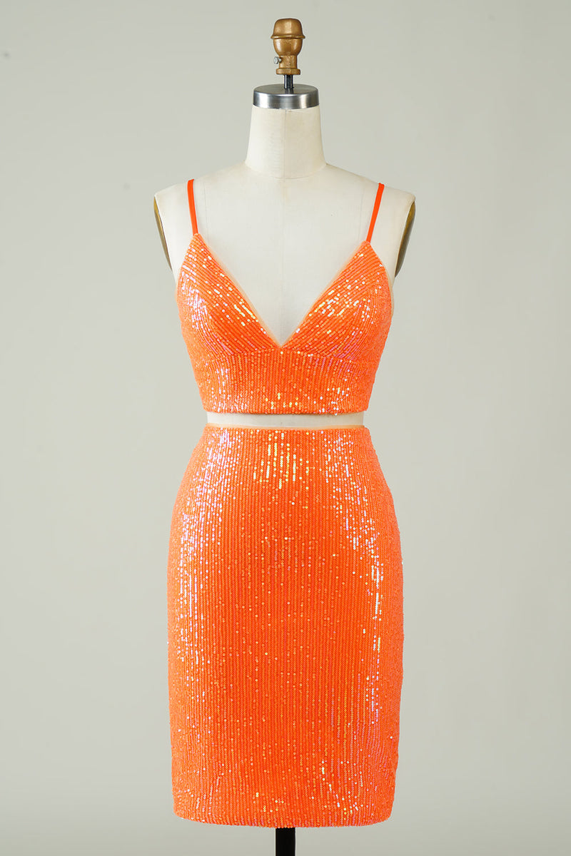 Indlæs billede til gallerivisning Todelt orange pailletter stram homecoming kjole
