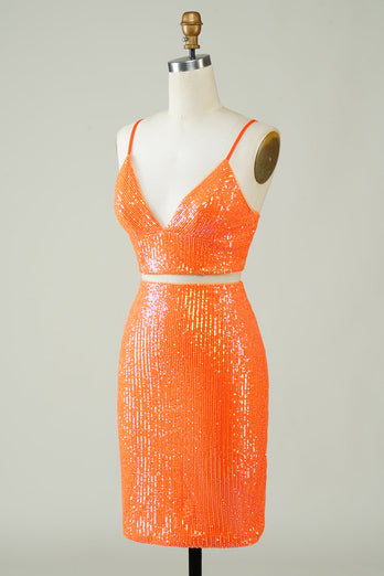 Todelt orange pailletter stram homecoming kjole