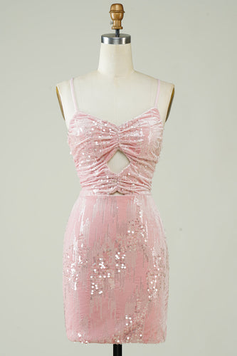 Velvet pailletter pink stram homecoming kjole med hul-out