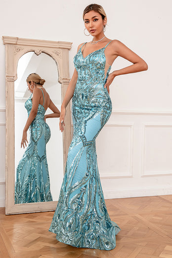 Blå havfrue Paillet Lang Prom Dress