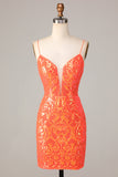 Sparkle 'til Dawn Bodycon Spaghetti Stropper Orange Pailletter Kort Homecoming Kjole