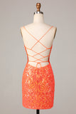 Sparkle 'til Dawn Bodycon Spaghetti Stropper Orange Pailletter Kort Homecoming Kjole