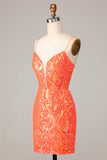 Sparkle 'til Dawn Bodycon Spaghetti Stropper Orange Pailletter Kort Homecoming Kjole