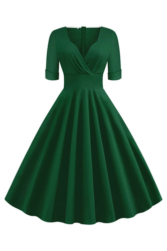 Grøn V-hals Korte ærmer 1950'erne Swing Dress