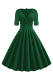 Grøn V-hals Korte ærmer 1950'erne Swing Dress