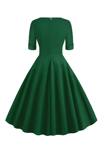 Grøn V-hals Korte ærmer 1950'erne Swing Dress