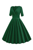 Grøn V-hals Korte ærmer 1950'erne Swing Dress