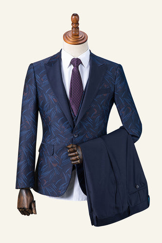Mørkeblå toppet revers trykt 3-delt mænds jakkesæt smoking