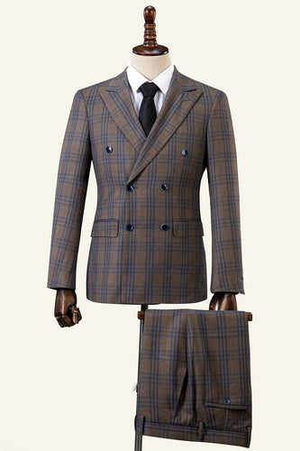 Brun plaid toppet revers dobbeltradet 2-delt herredragt