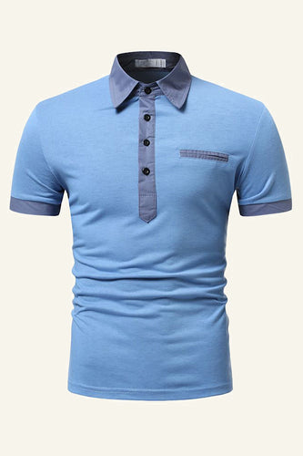 Blå patchwork Bomuld kortærmet Casual Polo Shirt