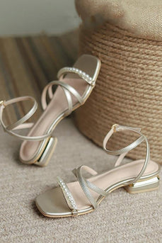 Golden Ankel Strappy Perler Sandal med lav hæl