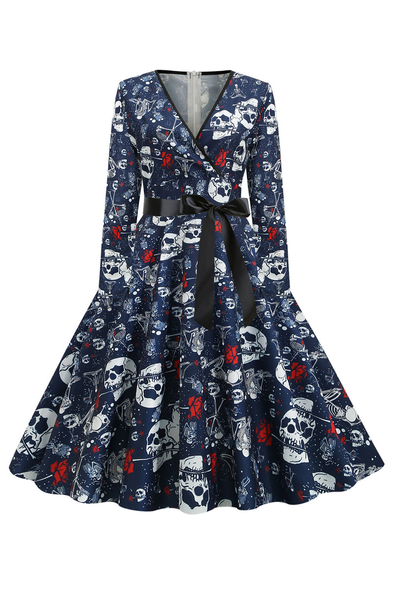 Indlæs billede til gallerivisning V Hals kraniet trykt Navy Halloween kjole