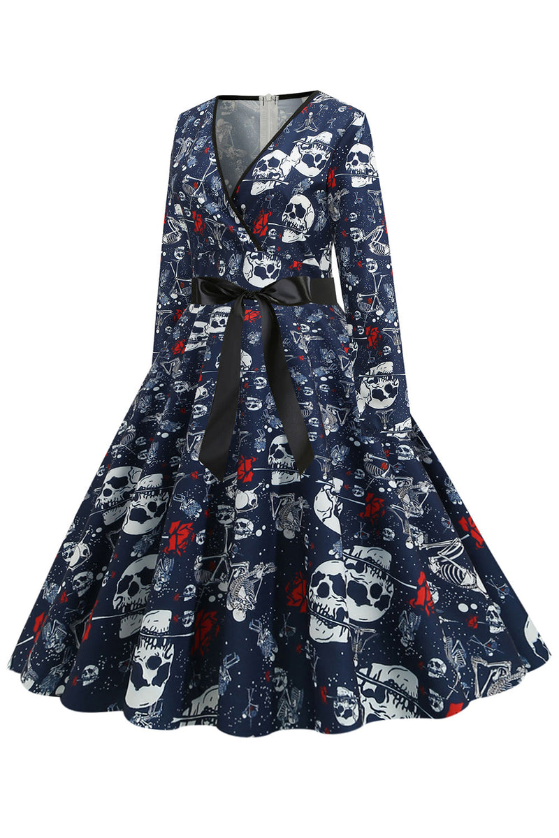 Indlæs billede til gallerivisning V Hals kraniet trykt Navy Halloween kjole