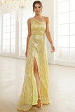 Lysegul One Shoulder Sequined Prom kjole med slids