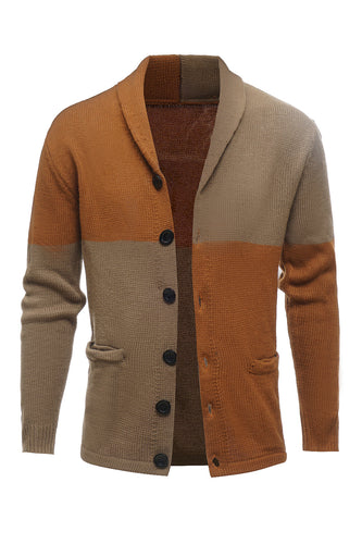 Brunt patchwork sjal krave lange ærmer mænds cardigan sweater
