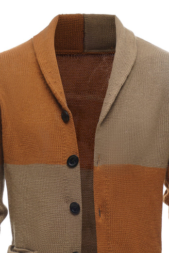 Brunt patchwork sjal krave lange ærmer mænds cardigan sweater