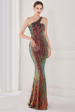 Farverig One Shoulder Sequined Havfrue Aftenkjole