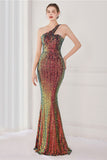 Farverig One Shoulder Sequined Havfrue Aftenkjole