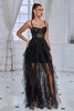Indlæs billede til gallerivisning Glitter sort korset Spaghetti stropper Lang formel kjole med flæser