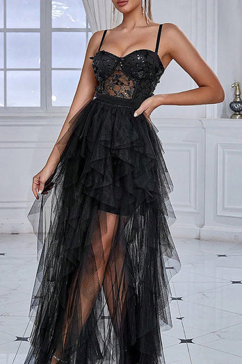 Glitter sort korset Spaghetti stropper Lang formel kjole med flæser