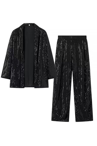 Sparkly Black Sjal Revers Pailletter 2 stk Kvinder Prom Suits