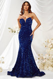 Royal Blue Strapless Paillethavfrue Lang gallakjole