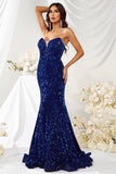 Royal Blue Strapless Paillethavfrue Lang gallakjole