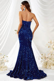 Royal Blue Strapless Paillethavfrue Lang gallakjole