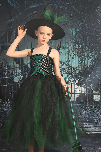 Mørkegrøn snørebånd foran tyl halloween pigekjole