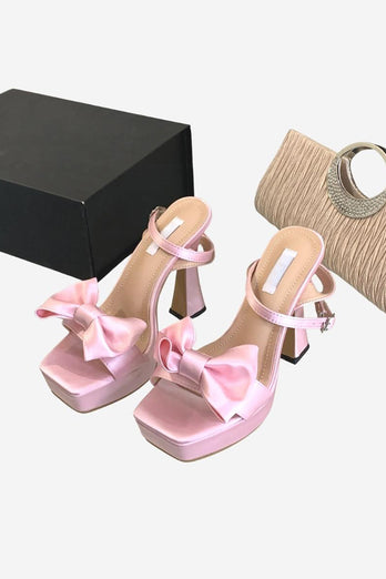Pink Chunky High Heel sandaler med sløjfe