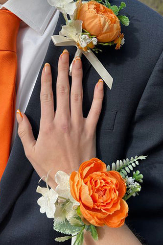 Orange håndled Corsage og mænd Boutonniere sæt til prom bryllupsfest