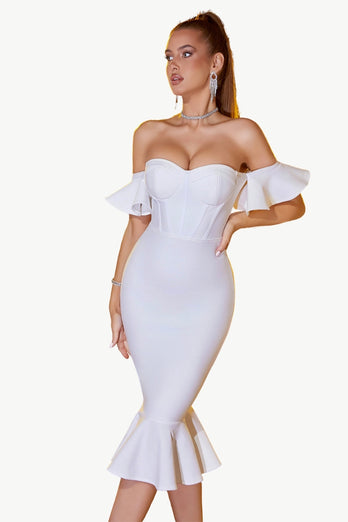 Hvid bodycon off skulderen Midi formel kjole med flæser