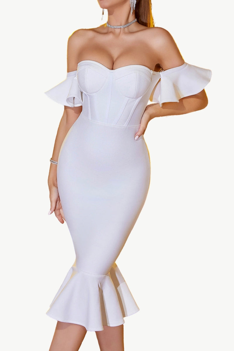 Indlæs billede til gallerivisning Hvid bodycon off skulderen Midi formel kjole med flæser