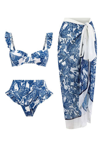 3 stykker blå trykt bikinisæt slips strandkjole