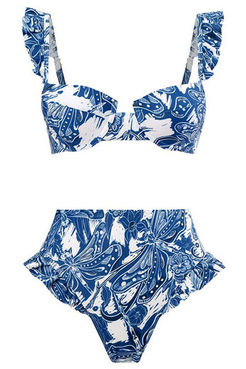 3 stykker blå trykt bikinisæt slips strandkjole