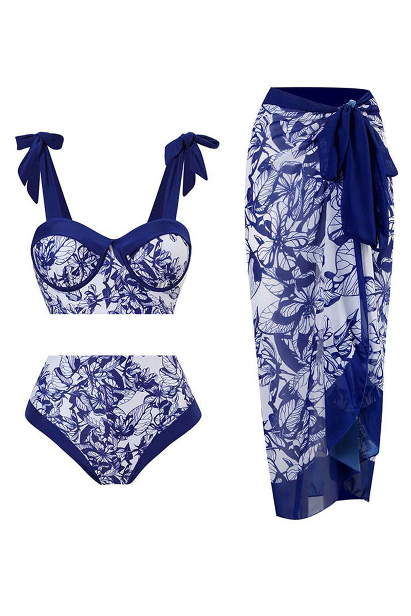 Indlæs billede til gallerivisning Mørkeblåt 3-delt badetøjssæt med høj talje med strandkjole
