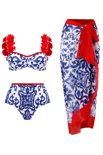 3 stk. blåt og hvidt badetøjssæt med porcelænstryk med strandkjole