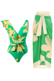 Todelt trykt grønt bikinisæt med strandnederdel