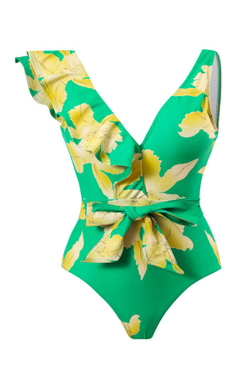 Todelt trykt grønt bikinisæt med strandnederdel