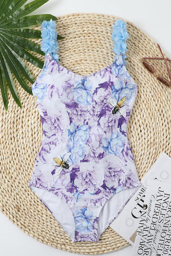 Blå trykt høj talje i ét stykke badetøj med blomster
