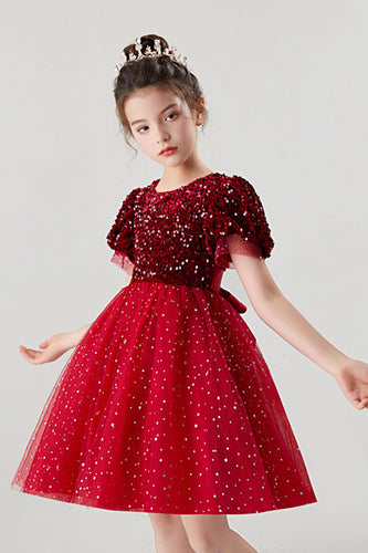 A-line rød glitrende pailletter små pigers kjole med sløjfe