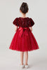 Indlæs billede til gallerivisning A-line rød glitrende pailletter små pigers kjole med sløjfe