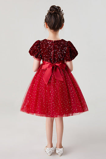 A-line rød glitrende pailletter små pigers kjole med sløjfe