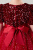 Indlæs billede til gallerivisning A-line rød glitrende pailletter små pigers kjole med sløjfe