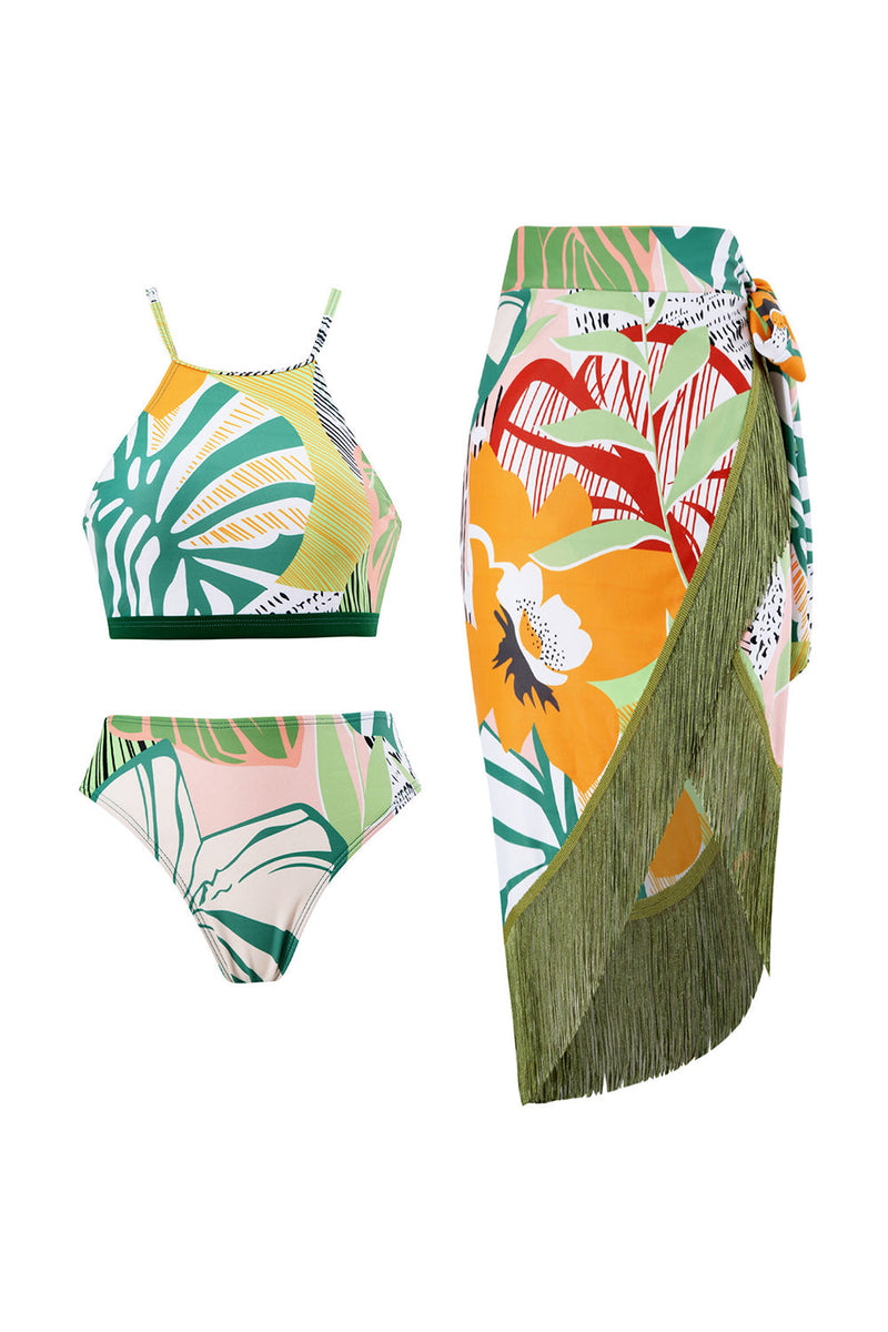 Indlæs billede til gallerivisning Todelt grønt trykt bikinisæt med strandnederdel